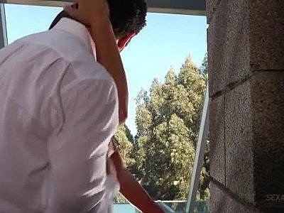 Slender girl in satin drives him wild with passion