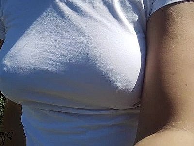 Nice walk without a bra, nipples shine through my white shirt (see through shirt