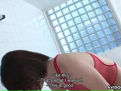  Japanese girl in lingerie massages him in the shower