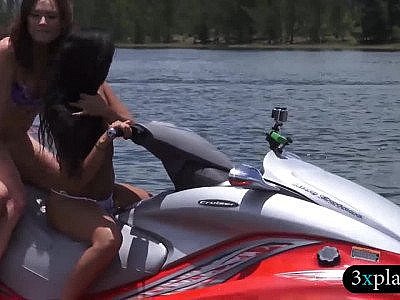 Two sexy babes in bikini hot foursome sex on speedboat