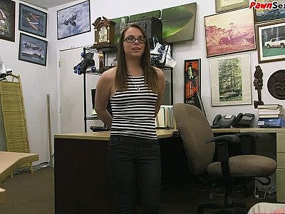 Pawnshop babe sucks and rides POV owner in his office