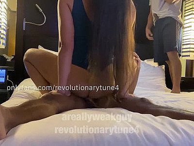 Blasian Hotwire cums riding a BBC bull while hubby watched and no birth control