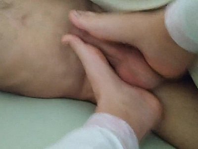 Stepmom makes footjob to her stepson with made-up nails